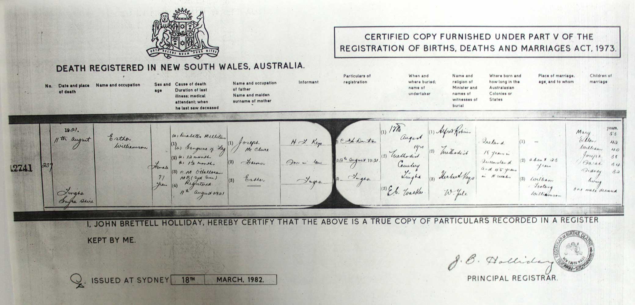 Death Certificate Esther WIlliamson