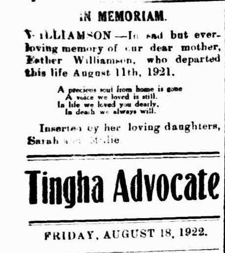 Memorial to Esther McClureTingha Advocate Fri 18 Aug 1922 