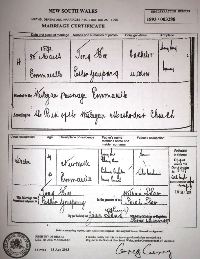 Marriage Certificate Esther Yaupaung and Tong Kee