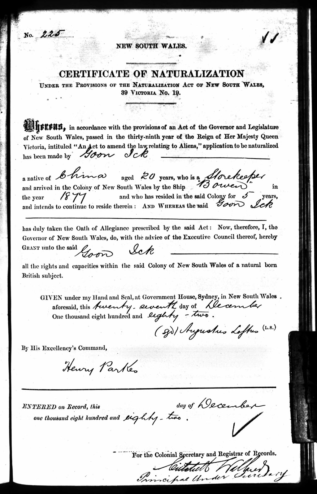 title Naturalisation Certificate of Lee Goon Ick